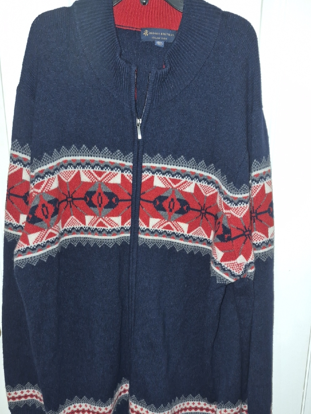 Brooks Brothers Navy Zip-Up Sweater with Red Fair Isle Band XXL